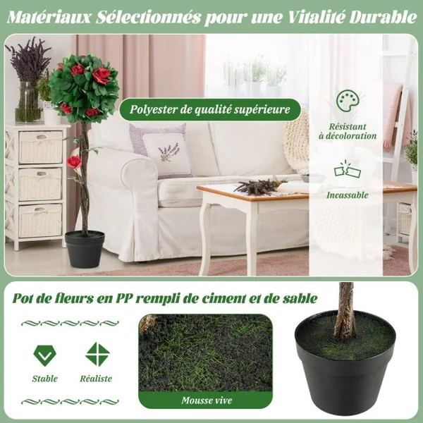 Fleur Artificielle Camélia 12 Têtes Fausse Fleurs Rouges Glorieuses 180 Feuilles avec Pot Déco de Maison Nuptiale de Noce