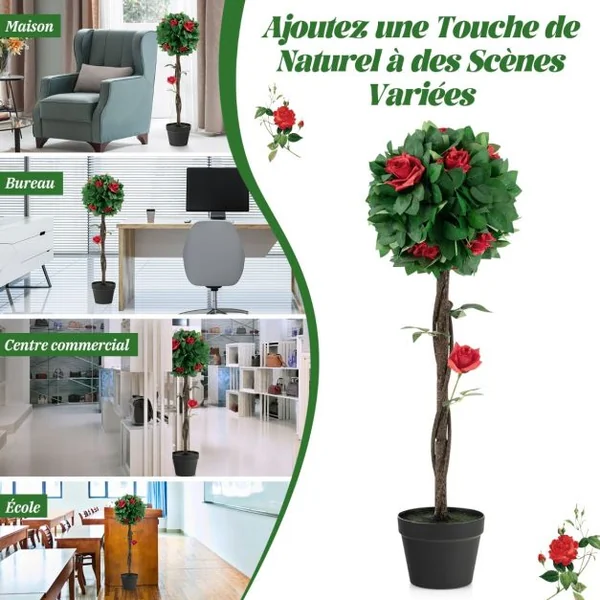 Fleur Artificielle Camélia 12 Têtes Fausse Fleurs Rouges Glorieuses 180 Feuilles avec Pot Déco de Maison Nuptiale de Noce