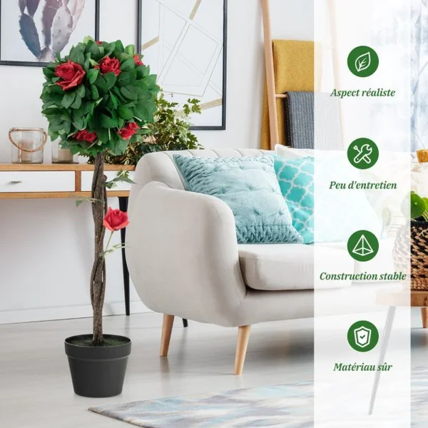 Fleur Artificielle Camélia 12 Têtes Fausse Fleurs Rouges Glorieuses 180 Feuilles avec Pot Déco de Maison Nuptiale de Noce