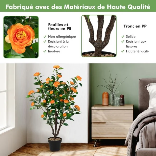 Fleur Artificielle Camélia 37 Têtes Résistantes aux UV 100 cm avec Pot Déco de Maison Nuptiale de Noce