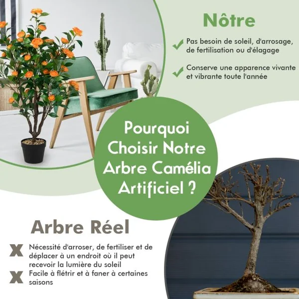 Fleur Artificielle Camélia 37 Têtes Résistantes aux UV 100 cm avec Pot Déco de Maison Nuptiale de Noce