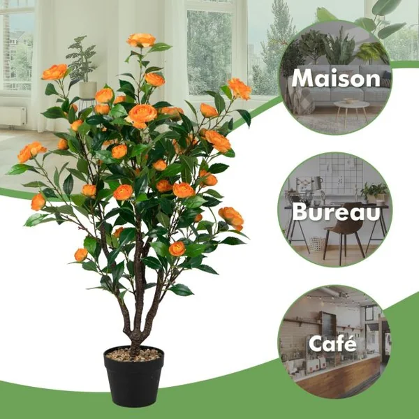 Fleur Artificielle Camélia 37 Têtes Résistantes aux UV 100 cm avec Pot Déco de Maison Nuptiale de Noce