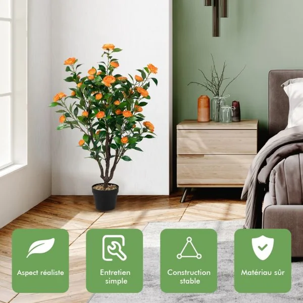 Fleur Artificielle Camélia 37 Têtes Résistantes aux UV 100 cm avec Pot Déco de Maison Nuptiale de Noce