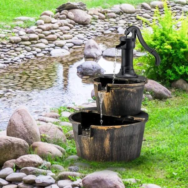 Fontaine de Jardin Décorative d’ Extérieure à 2 Étages en PP avec Pompe Puissante Ecoulement d’Eau Réglable Vintage