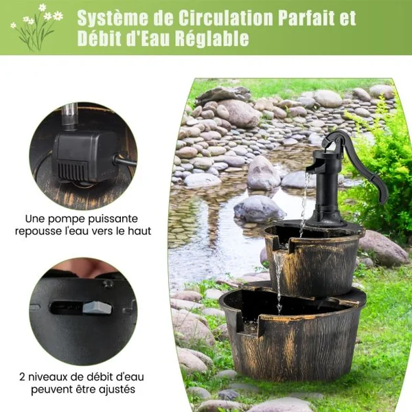 Fontaine de Jardin Décorative d’ Extérieure à 2 Étages en PP avec Pompe Puissante Ecoulement d’Eau Réglable Vintage