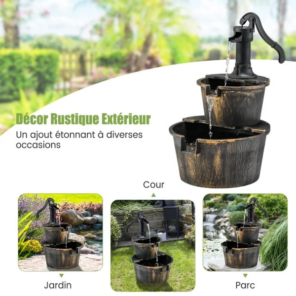 Fontaine de Jardin Décorative d’ Extérieure à 2 Étages en PP avec Pompe Puissante Ecoulement d’Eau Réglable Vintage