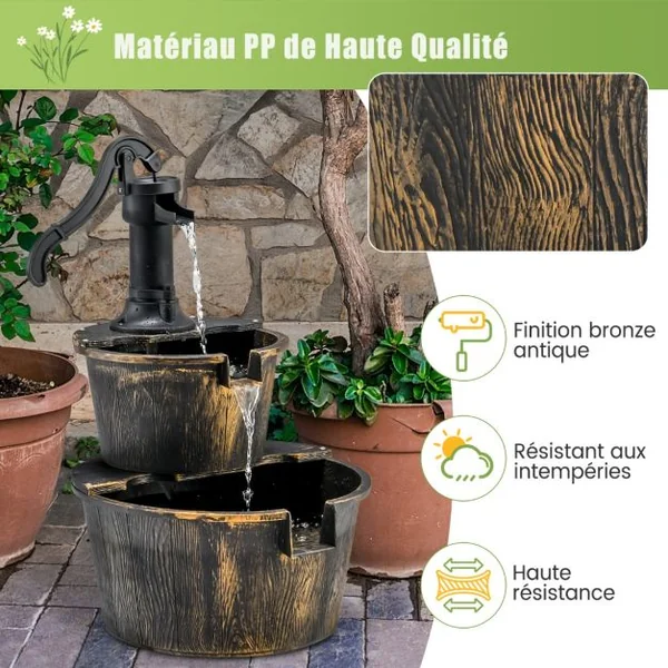 Fontaine de Jardin Décorative d’ Extérieure à 2 Étages en PP avec Pompe Puissante Ecoulement d’Eau Réglable Vintage