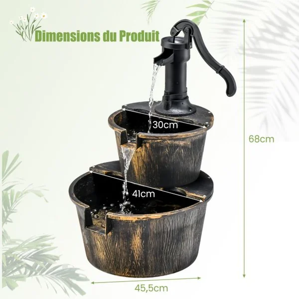 Fontaine de Jardin Décorative d’ Extérieure à 2 Étages en PP avec Pompe Puissante Ecoulement d’Eau Réglable Vintage