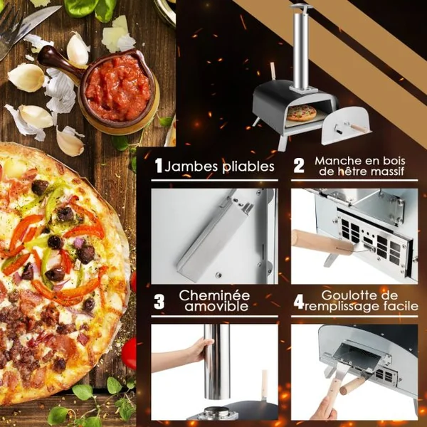 Four à Pizza Extérieur aux Granulés de Bois avec Pierre à Pizza Pelle Pare-feu Pieds Pliables Cheminée Amovible