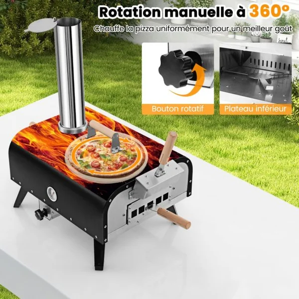 Four à Pizza Extérieur Portable en Acier Inoxydable avec Pierre à Pizza de 30 cm Poêle à Pizza à Granulés de Bois à 3 Couches