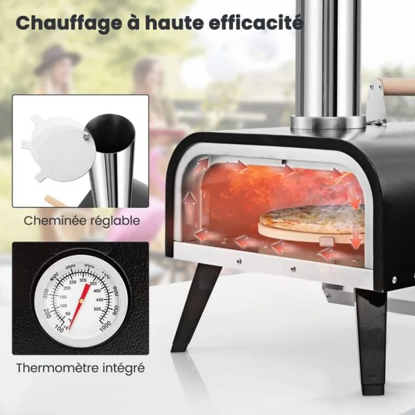 Four à Pizza Extérieur Portable en Acier Inoxydable avec Pierre à Pizza de 30 cm Poêle à Pizza à Granulés de Bois à 3 Couches