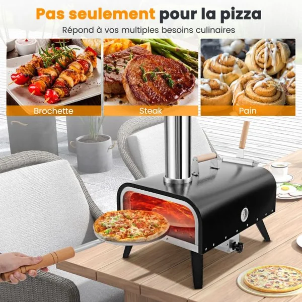 Four à Pizza Extérieur Portable en Acier Inoxydable avec Pierre à Pizza de 30 cm Poêle à Pizza à Granulés de Bois à 3 Couches