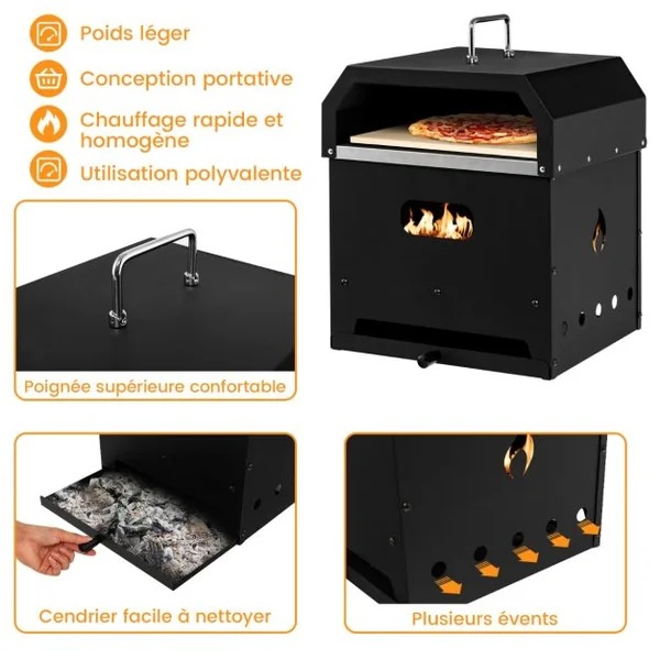 Four à Pizza à Bois Portable Construction Robuste à 3 Couches Pierre à Pizza de 33Cm Pelle à Pizza Grill à Pizza Noir