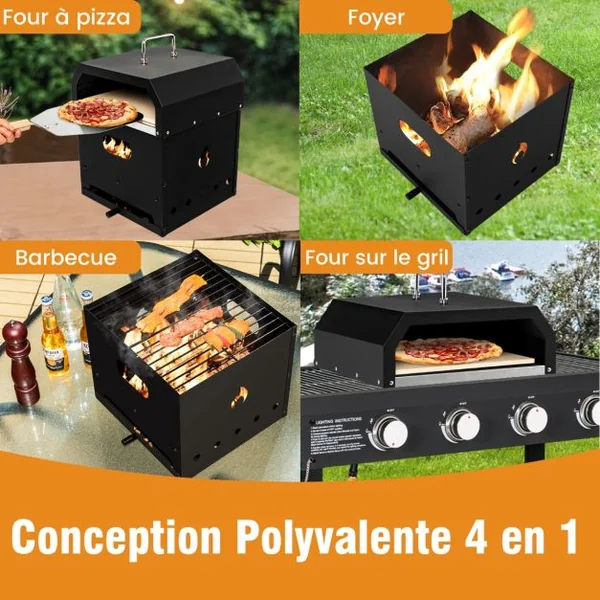 Four à Pizza à Bois Portable Construction Robuste à 3 Couches Pierre à Pizza de 33Cm Pelle à Pizza Grill à Pizza Noir