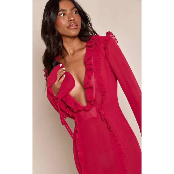 Fuchsia Robe Longue En Mousseline À Manches Longues Avec Détails Volantés Et Décolleté Plongeant