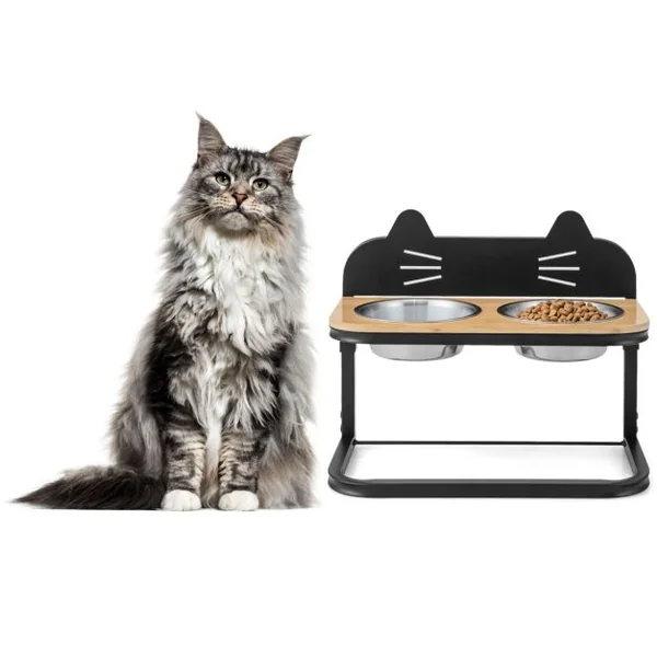 Gamelle Chat Chien Surélevée Hauteur Réglable Bols Double en Inox Marqueur Porte-Gamelles pour Chiots Cadre en Métal