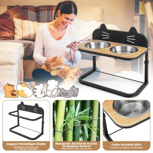 Gamelle Chat Chien Surélevée Hauteur Réglable Bols Double en Inox Marqueur Porte-Gamelles pour Chiots Cadre en Métal