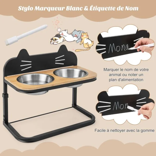 Gamelle Chat Chien Surélevée Hauteur Réglable Bols Double en Inox Marqueur Porte-Gamelles pour Chiots Cadre en Métal