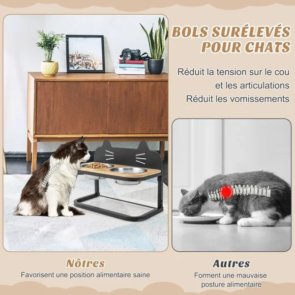 Gamelle Chat Chien Surélevée Hauteur Réglable Bols Double en Inox Marqueur Porte-Gamelles pour Chiots Cadre en Métal