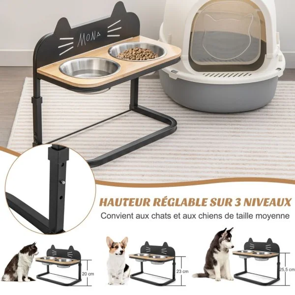 Gamelle Chat Chien Surélevée Hauteur Réglable Bols Double en Inox Marqueur Porte-Gamelles pour Chiots Cadre en Métal