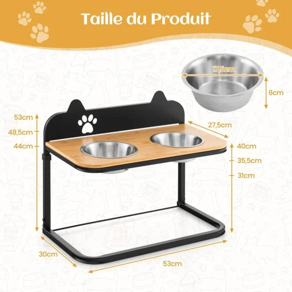 Gamelles Double pour chien Surélevé Hauteur Réglable Bols Amovibles en Acier Inox. Marqueur Porte Gamelles pour Chien