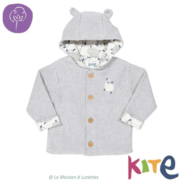 Gilet bébé coton bio avec capuche à oreilles et motif mouton - Kite clothing