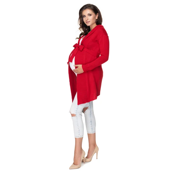 Gilet long grosses mailles avec ceinture - Rouge/Gris clair