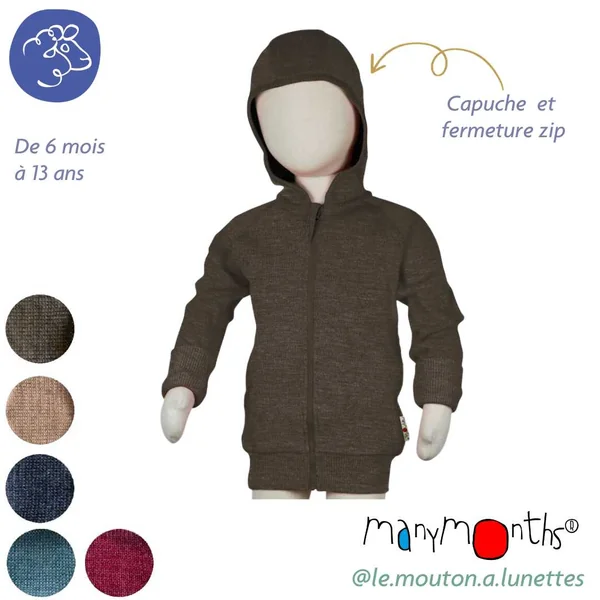 Gilet à zip et capuche en laine mérinos enfant - ManyMonths