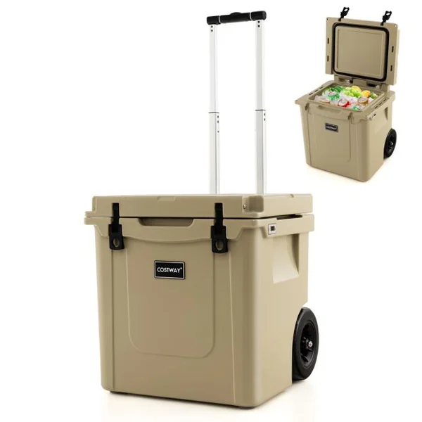 Glacière 43 L avec Roues Tout Terrain Étanche et Poignée Réglable pour Le Camping Café sur Roulette pour Cuisine Blanc