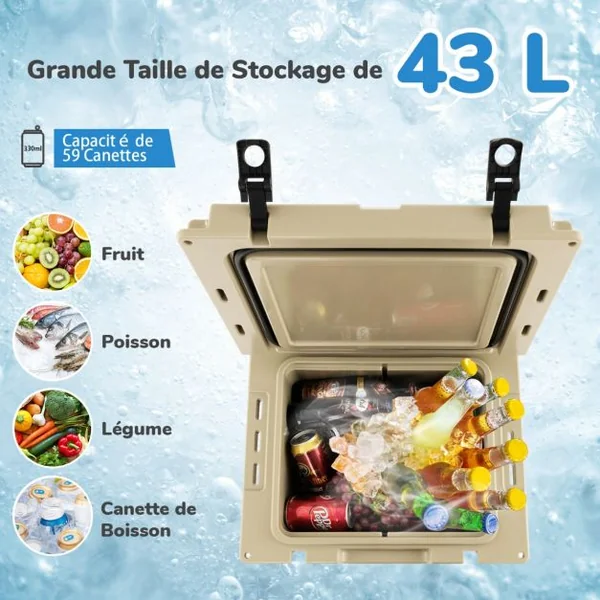 Glacière 43 L avec Roues Tout Terrain Étanche et Poignée Réglable pour Le Camping Café sur Roulette pour Cuisine Blanc