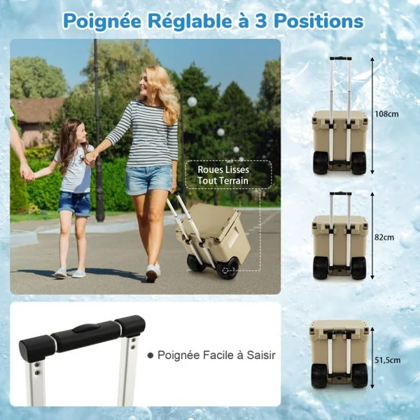 Glacière 43 L avec Roues Tout Terrain Étanche et Poignée Réglable pour Le Camping Café sur Roulette pour Cuisine Blanc