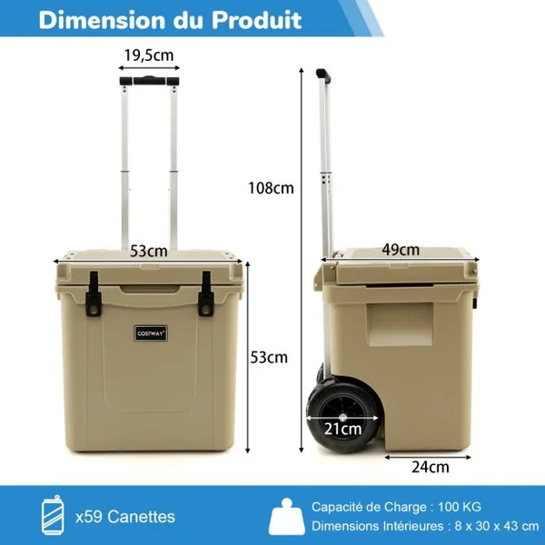 Glacière 43 L avec Roues Tout Terrain Étanche et Poignée Réglable pour Le Camping Café sur Roulette pour Cuisine Blanc