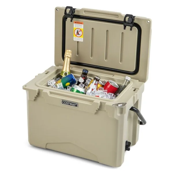 Glacière Isotherme Portable 21 L avec Bouchon de Vidange et Porte-gobelets Glacière Rigide Étanche Rétention de Glace de 5 à 7 Jours Brun/Gris