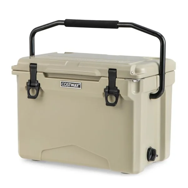 Glacière Isotherme Portable 21 L avec Bouchon de Vidange et Porte-gobelets Glacière Rigide Étanche Rétention de Glace de 5 à 7 Jours Brun/Gris