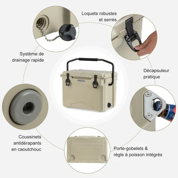 Glacière Isotherme Portable 21 L avec Bouchon de Vidange et Porte-gobelets Glacière Rigide Étanche Rétention de Glace de 5 à 7 Jours Brun/Gris