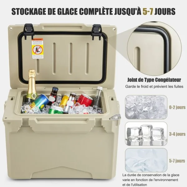 Glacière Isotherme Portable 21 L avec Bouchon de Vidange et Porte-gobelets Glacière Rigide Étanche Rétention de Glace de 5 à 7 Jours Brun/Gris