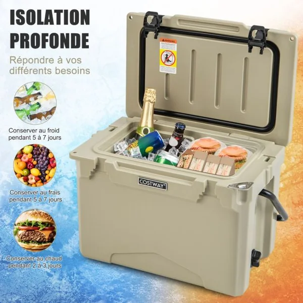 Glacière Isotherme Portable 21 L avec Bouchon de Vidange et Porte-gobelets Glacière Rigide Étanche Rétention de Glace de 5 à 7 Jours Brun/Gris
