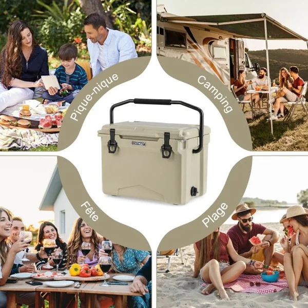 Glacière Isotherme Portable 21 L avec Bouchon de Vidange et Porte-gobelets Glacière Rigide Étanche Rétention de Glace de 5 à 7 Jours Brun/Gris
