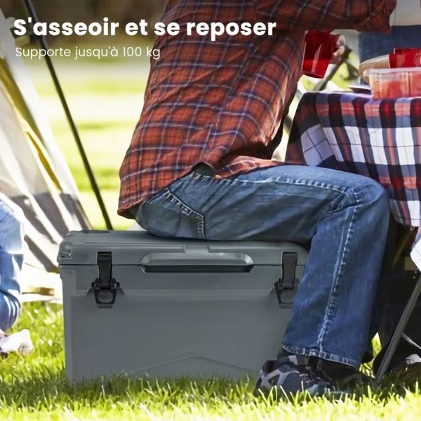 Glacière Isotherme Portable 28 L avec Bouchon de Vidange et Porte-gobelets Glacière Rigide Étanche Rétention de Glace de 5 à 7 Jours Brun Clair