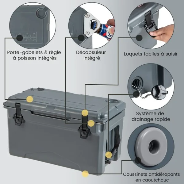 Glacière Isotherme Portable 28 L avec Bouchon de Vidange et Porte-gobelets Glacière Rigide Étanche Rétention de Glace de 5 à 7 Jours Brun Clair