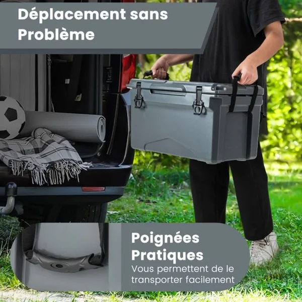 Glacière Isotherme Portable 28 L avec Bouchon de Vidange et Porte-gobelets Glacière Rigide Étanche Rétention de Glace de 5 à 7 Jours Brun Clair