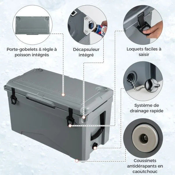 Glacière Isotherme Portable 47 L avec Bouchon de Vidange et Porte-gobelets Glacière Rigide Étanche Rétention de Glace de 5 à 7 Jours Brun Clair