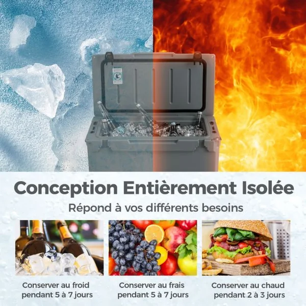 Glacière Isotherme Portable 47 L avec Bouchon de Vidange et Porte-gobelets Glacière Rigide Étanche Rétention de Glace de 5 à 7 Jours Brun Clair