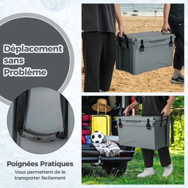 Glacière Isotherme Portable 47 L avec Bouchon de Vidange et Porte-gobelets Glacière Rigide Étanche Rétention de Glace de 5 à 7 Jours Brun Clair