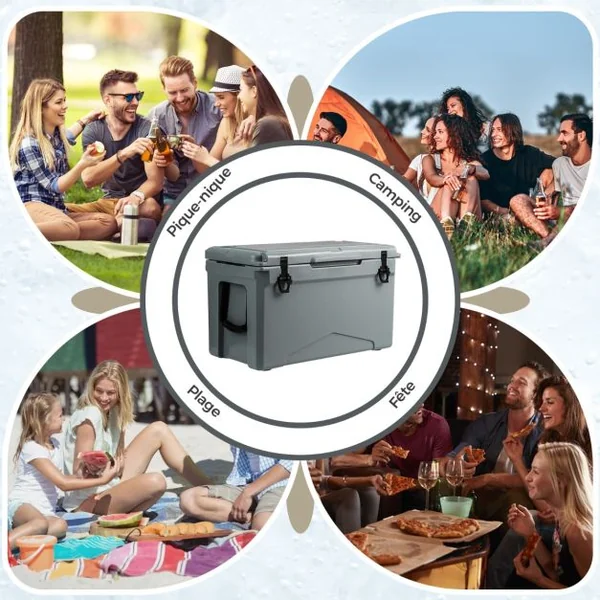 Glacière Isotherme Portable 47 L avec Bouchon de Vidange et Porte-gobelets Glacière Rigide Étanche Rétention de Glace de 5 à 7 Jours Brun Clair