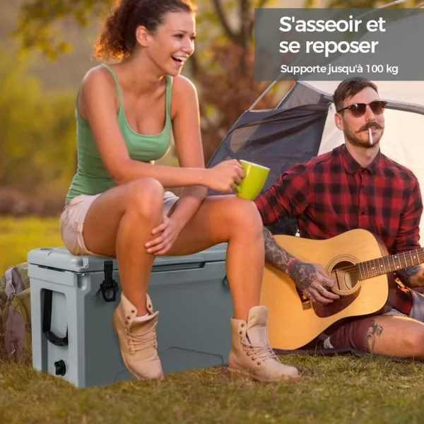 Glacière Isotherme Portable 47 L avec Bouchon de Vidange et Porte-gobelets Glacière Rigide Étanche Rétention de Glace de 5 à 7 Jours Brun Clair