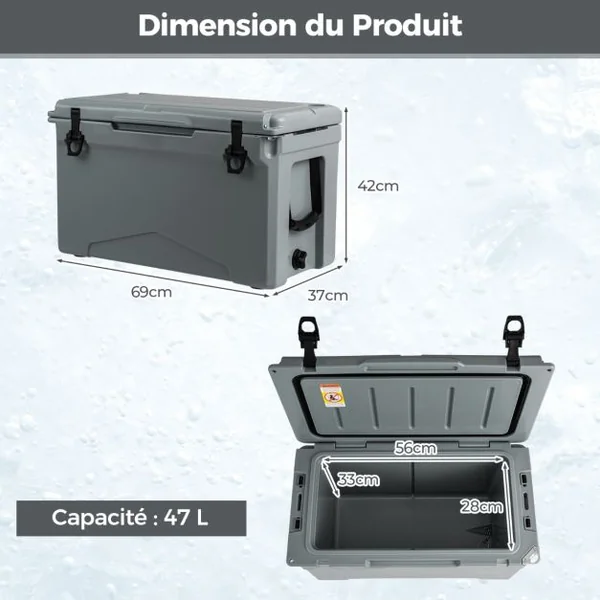 Glacière Isotherme Portable 47 L avec Bouchon de Vidange et Porte-gobelets Glacière Rigide Étanche Rétention de Glace de 5 à 7 Jours Brun Clair