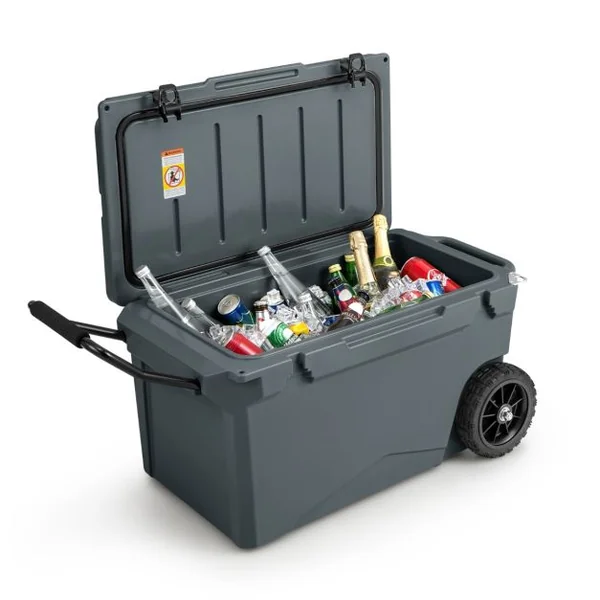 Glacière Isotherme Portable 71 L avec Bouchon de Vidange et Porte-gobelets Glacière Rigide à Roulettes Rétention de Glace de 5 à 7 Jours Gris/Kaki