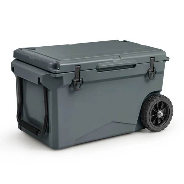 Glacière Isotherme Portable 71 L avec Bouchon de Vidange et Porte-gobelets Glacière Rigide à Roulettes Rétention de Glace de 5 à 7 Jours Gris/Kaki