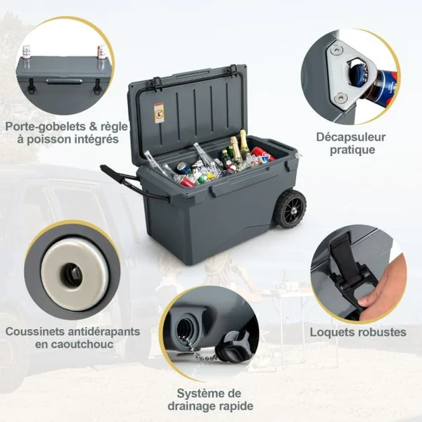 Glacière Isotherme Portable 71 L avec Bouchon de Vidange et Porte-gobelets Glacière Rigide à Roulettes Rétention de Glace de 5 à 7 Jours Gris/Kaki